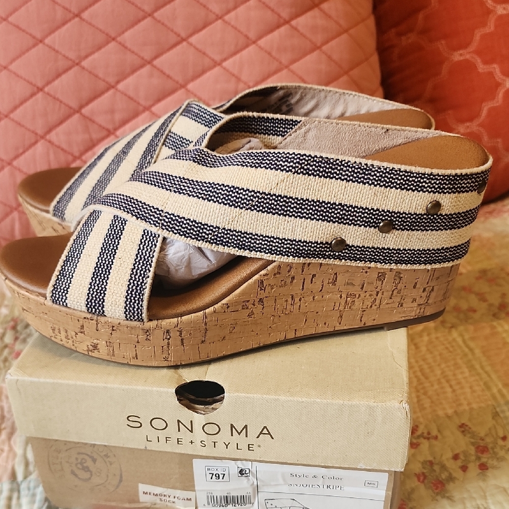 Sonoma Navy and Cream Striped Crisscross Cork Wedge Sandals